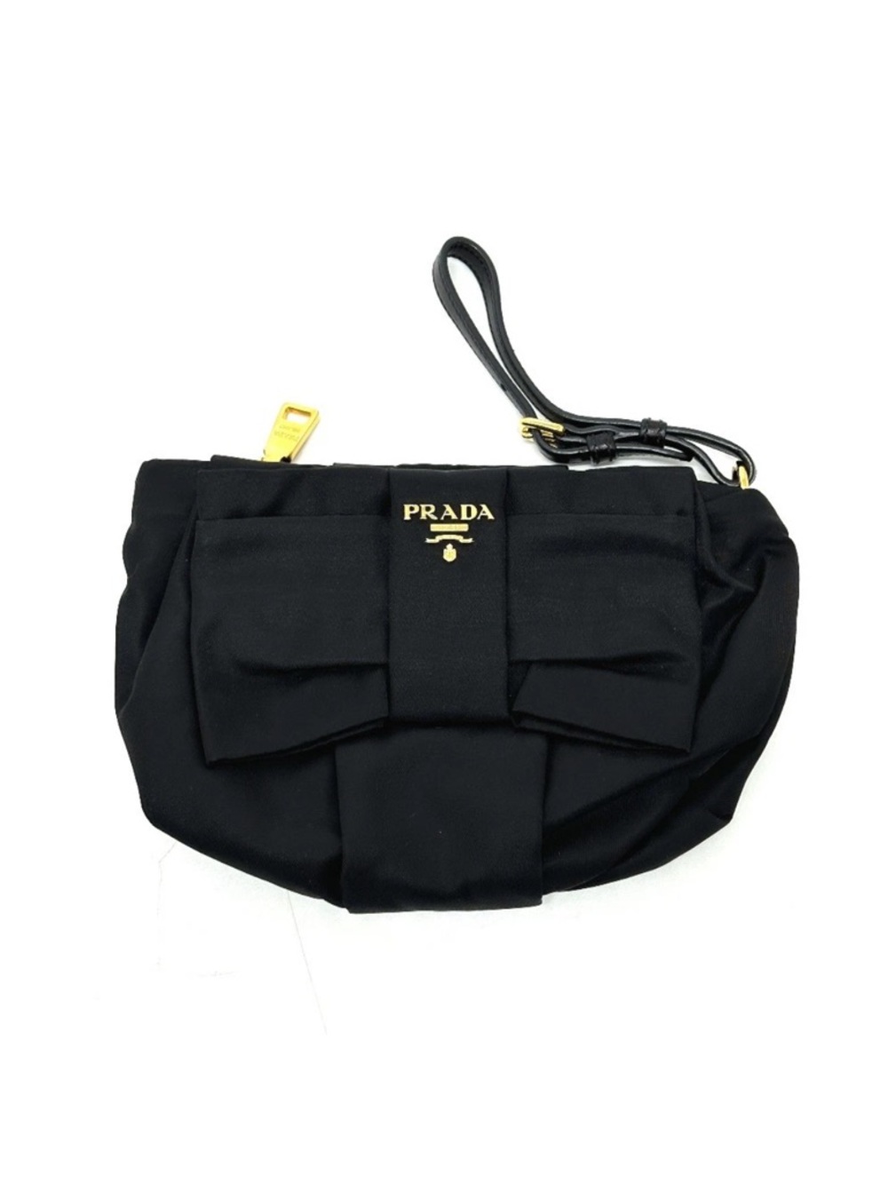 Prada Nylon Logo Ribbon Black Bow Wristlet with Gold Hardware
1N1422
